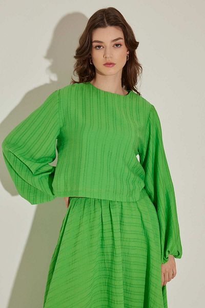 Hooopstore Textured Balloon Sleeve Skirt Set - PISTACHIO GREEN