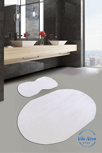 Vila Nova Home Σετ 2 λευκών οβάλ βελούδινων μαλακών χαλιών μπάνιου που πλένον...
