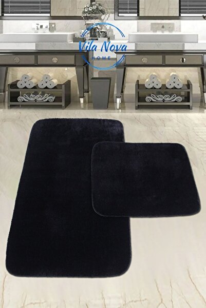Vila Nova (60X100-60X50) Σετ 2 μαύρων βελούδινων μαλακών χαλιών μπάνιου που π...
