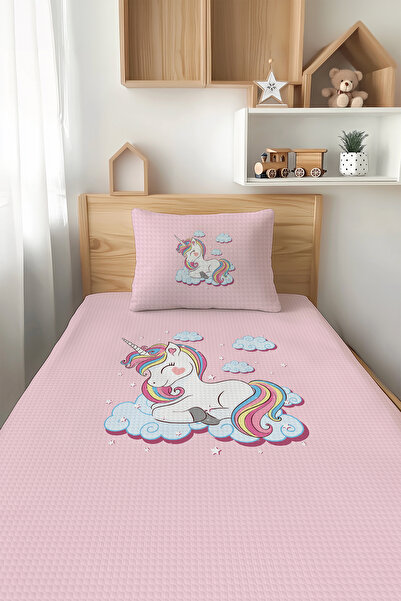 Talia Home Pembe Uyuyan Unicorn Desenli Tek Kişilik Çocuk Pike Takımı TLAP-060