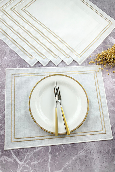 WEARE2 Beyaz Renkli Krem Kapuçino Çift Çizgi Nakışlı Dikdörtgen 34x44cm 6'lı ...