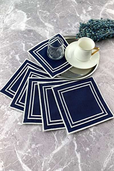 WEARE2 طقم كوكتيل مطرز بخطوط مزدوجة باللونين الأزرق الداكن والأبيض مكون من 6 قطع