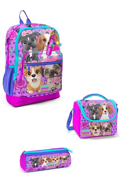 Coral High YAYGAN Coral High Kids - Geantă de școală din 3 piese cu model câine roz 23750-MİX3