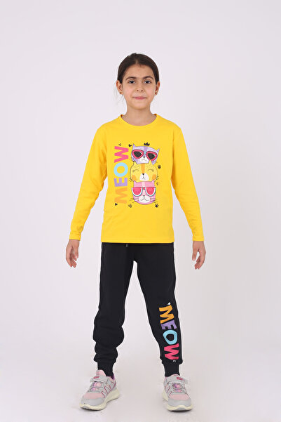 Çiggo Kids Girl's Cotton Under-top Set - Meow Cat Print, Crew Neck, Long Sleeve