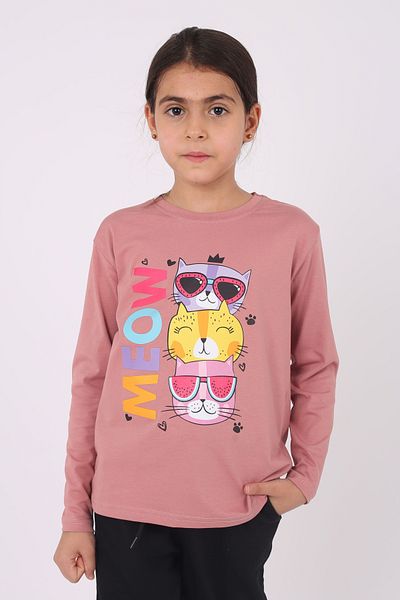 COSBA kids wear Girl's Cotton Under-top Set - Meow Cat Print, Crew Neck, Long Sleeve
