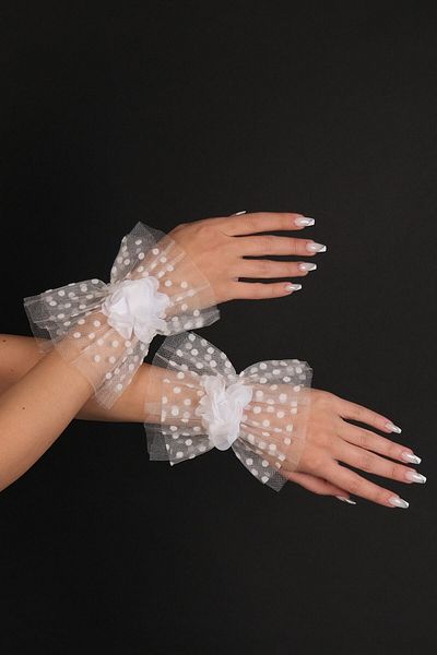 Hayalperest boncuk Half Bridal Gloves - White Short Polka Dot Bridal Accessory