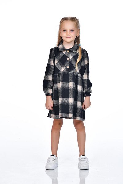 Kamex Beige Black Girl's Long Sleeve Plaid Dress