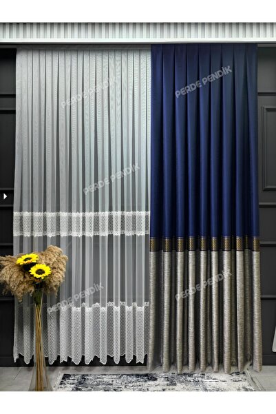 Perde Pendik Fon Perde Pano Ekose Şeritli Lacivert Mavi Gri Sık Pile( Tek Kanat )