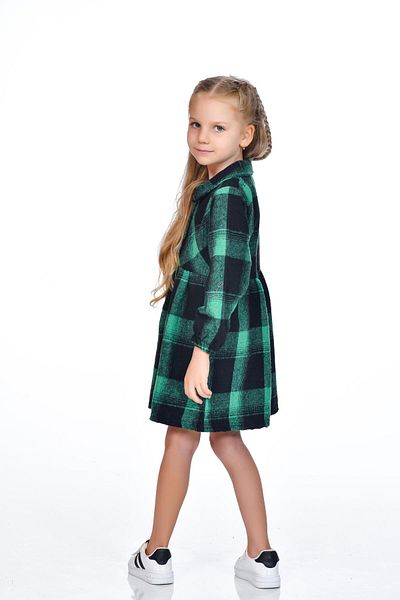Kamex Green Black Girl's Dress - Plaid Square Pattern, Long Sleeve