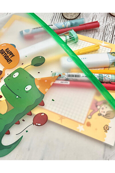 Kağıt Gemi Dükkan Şeffaf Tek Bölmeli Yeşil Dinazor Desenli A4 Fermuarlı Dosya Klasörü / Belge Dosyası/Düzenleyici Klas