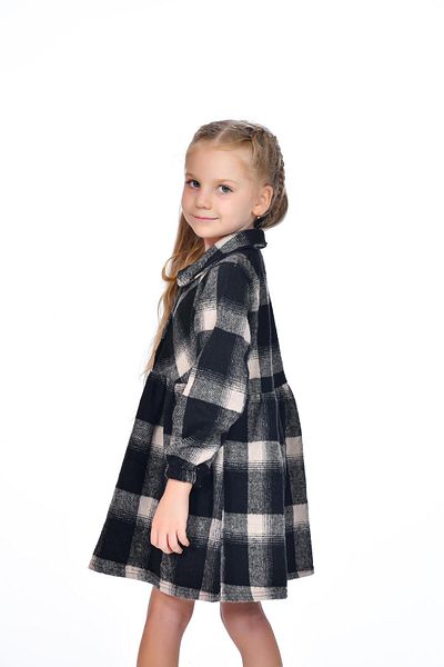 Kamex Beige Black Girl's Long Sleeve Plaid Dress