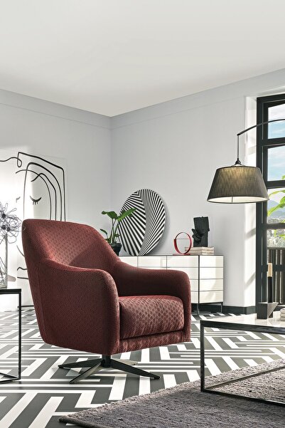 Enza Home Maison Döner Ayaklı Berjer, Keten Dokulu - Kırmızı