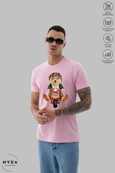Nyda Collections Μπλουζάκι Unisex Crew Neck Motor Teddy Bear με εμπριμέ βαμβακερό κοντομάνικο μπλουζάκι
