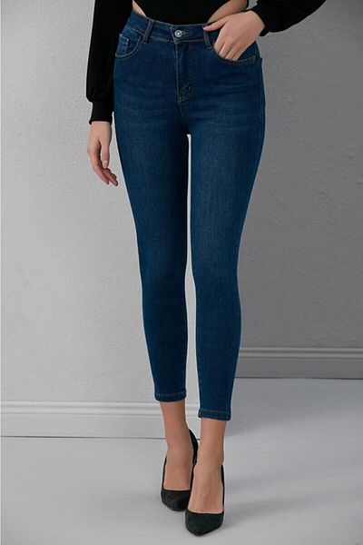 VEGA Blugi de damă skinny lycra cu talie înaltă albastră - până la gleznă