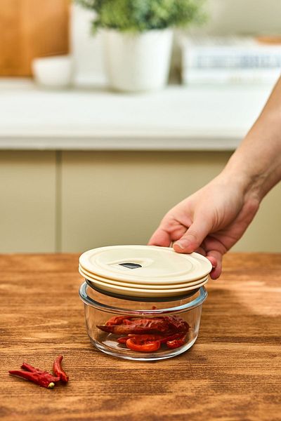 Karaca Cream Vacuum Glass Storage Container with Lid 0.39 Lt