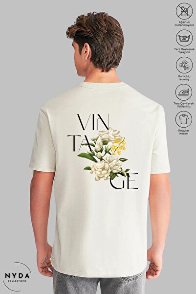 Nyda Collections Tricou cu mânecă scurtă unisex oversize, din bumbac, cu flor...