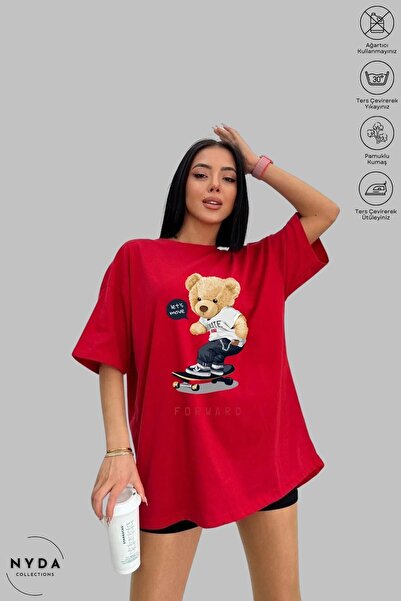 Nyda Collections Unisex Crew Neck Teddy Bear Printed Cotton Oversize Short Sleeve T-Shirt