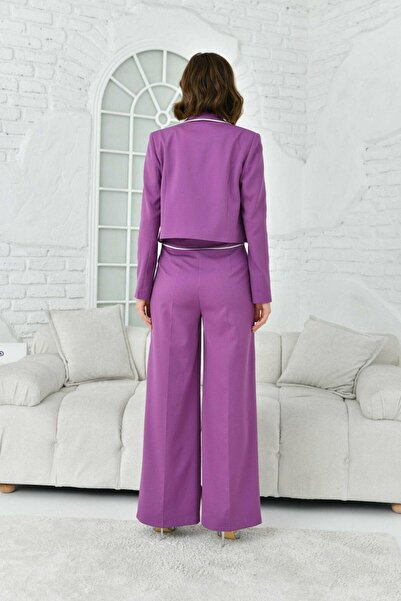 nodilife Crop Ceket Salaş Pantolonlu Takım Elbise Lila