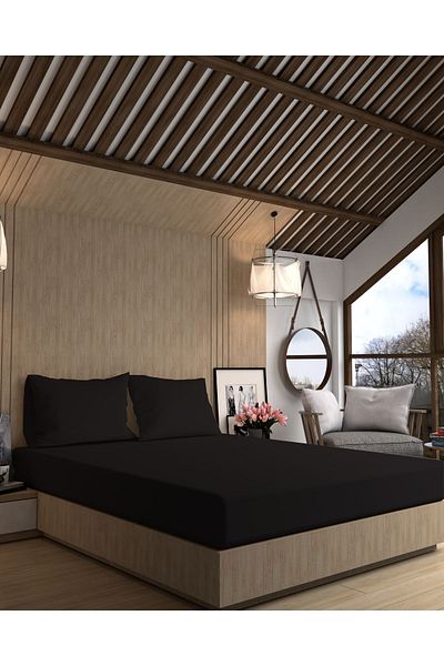 MyStory Home طقم ملايات قطن 100% مطاطي 160x200 سم + ارتفاع 30 سم - أسود