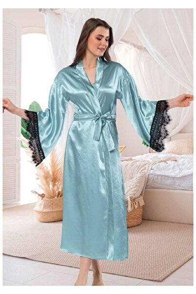 FAAL Satin Lace Detailed Kimono Long Dressing Gown Mint Green 5903