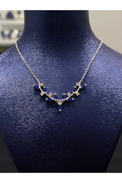 Kiriş Gümüş 925 Ayar Gümüş Lacivert Geyik Boynuzu Kadın Gümüş Kolye (40+5CM)