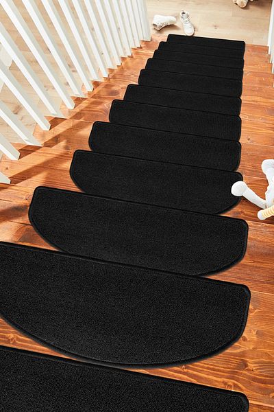 Stepmat 16-Piece Economical Step and Stair Mat in Black Curl Carpet - Half Moon