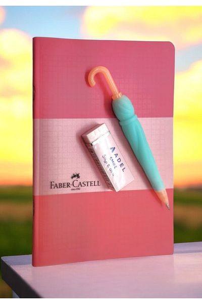 Faber Castell A5 Notebook Set - 60 Sheets Plaid Plastic Notebook, 0.7 Pen and Adel Smile Eraser