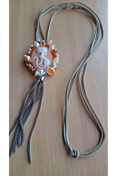 azra takı tasarım 1 Piece Orange Bohemian Authentic Women's Necklace with Cat Figure - Handmade Design