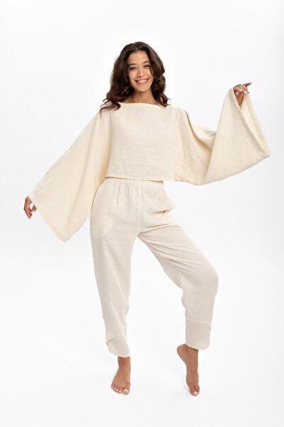 Husufi بلوزة قصيرة من القطن الطبيعي 100% برقبة قارب