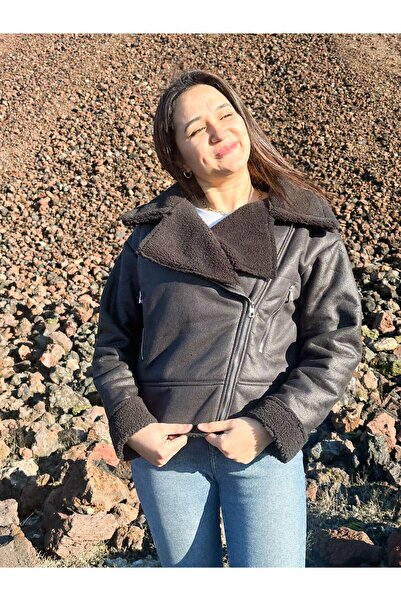 ARV MODA FASHİON THAT İNSPİRES Faux Suede Crop Biker Jacket with Faux Fur Inside