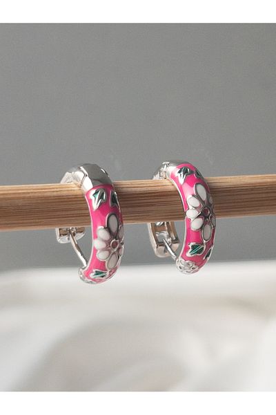 Siya Silver Silver Colored Pink Flower Patterned Earrings
