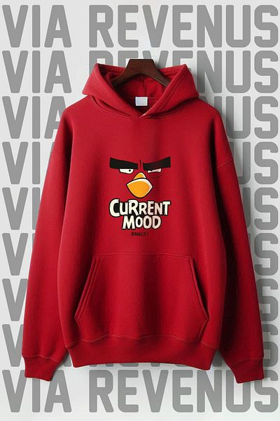 Vordevia Printed Kangaroo Pocket 3 Thread Raised Wide Fit Red Hooded Sweatshirt