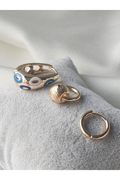 Siya Silver VİP Seri Nazar Boncuk Desenli 3'lü Kadın Küpe