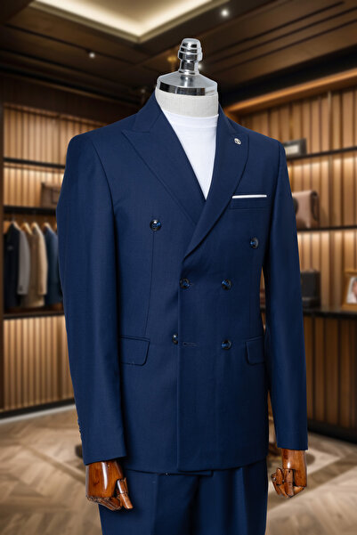 Suitmen بدلة سليم فيت مزدوجة الصدر باللون الأزرق الداكن - MS1033