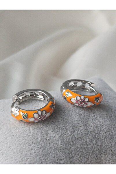 Siya Silver Turuncu Çiçekli Mineli Gümüş Renk Küpe