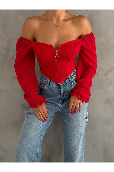 aytenli Lightweight Chiffon Sleeve Zippered Ottoman Triangle Blouse