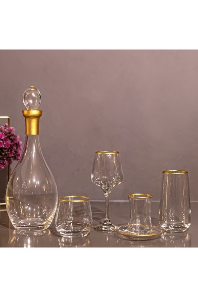 sudeka 61 Parça 12 Kişilik Gold Cam Su Bardak Takımı, Meşrubat Bardağı Seti