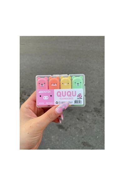 QuQu 4-Piece Highlighter Marker Set - Cute Bear and Teddy Bear Figure