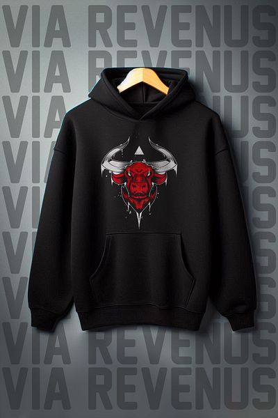 Vordevia Black Hooded Sweatshirt - Bull Print, Kangaroo Pocket, 3 Thread Raster, Wide Fit