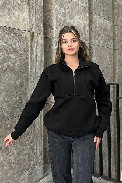 la & vetta Oversize Black Sweatshirt - Zipper Detailed