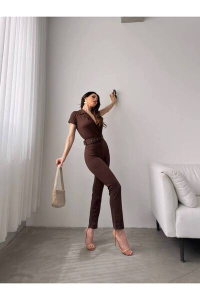 MST CLOTHİNG Kruvaze Yaka Beli Kemerli Kadın Tulum