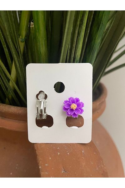 1PARÇAMAVİ Dark Purple Floral Clip Children's Earrings - Non-Perforated Ear Pinch Earrings