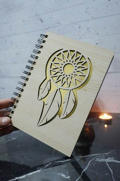 markcat Σημειωματάριο Dream Catcher με ξύλινο κάλυμμα - Agenda και καθημερινή χρήση, απλό ανεγγραφικό αναμνηστικό χωρίς γραμμή