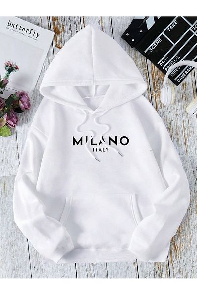 PALPİTO Φούτερ με κουκούλα με κουκούλα Milano Printed Unisex Λευκή κουκούλα - 3 νήματα