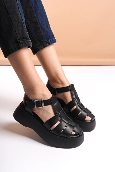 SEEM & BE Sandale negre de damă cu toc cu platformă Aria Pantofi de vară