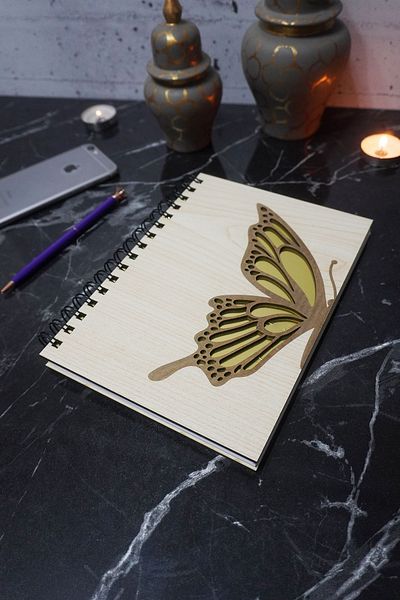 markcat Butterfly Patterned Notebook with Wooden Cover - Agenda/Diary - Unlined - A5 (120 Pages) Gift