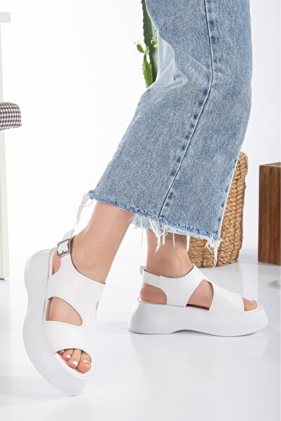 BUİSTİ Sandale Albe - Platformă June, Toc Pană, Pantofi De Damă De Vară