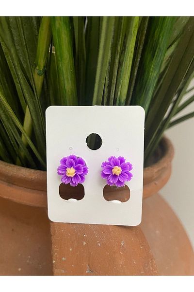 1PARÇAMAVİ Dark Purple Floral Clip Children's Earrings - Non-Perforated Ear Pinch Earrings