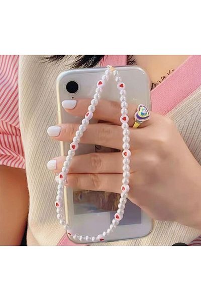 LORESİMA AKSESUAR Red Heart Detailed Pearl Phone Strap