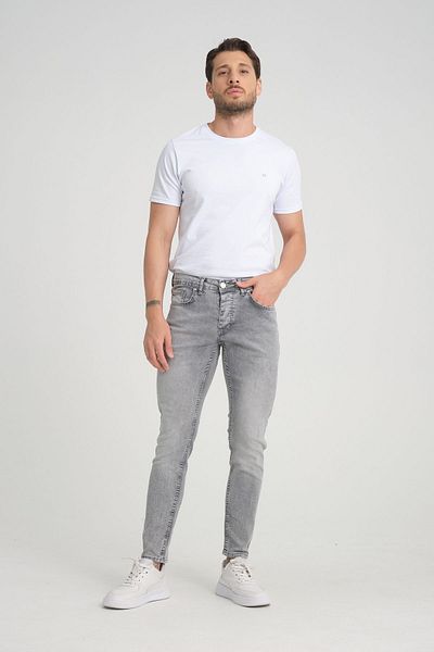 OneZero Ανδρικό παντελόνι σε γκρι Skinny Fit - Light Snow Wash, με κουμπιά
